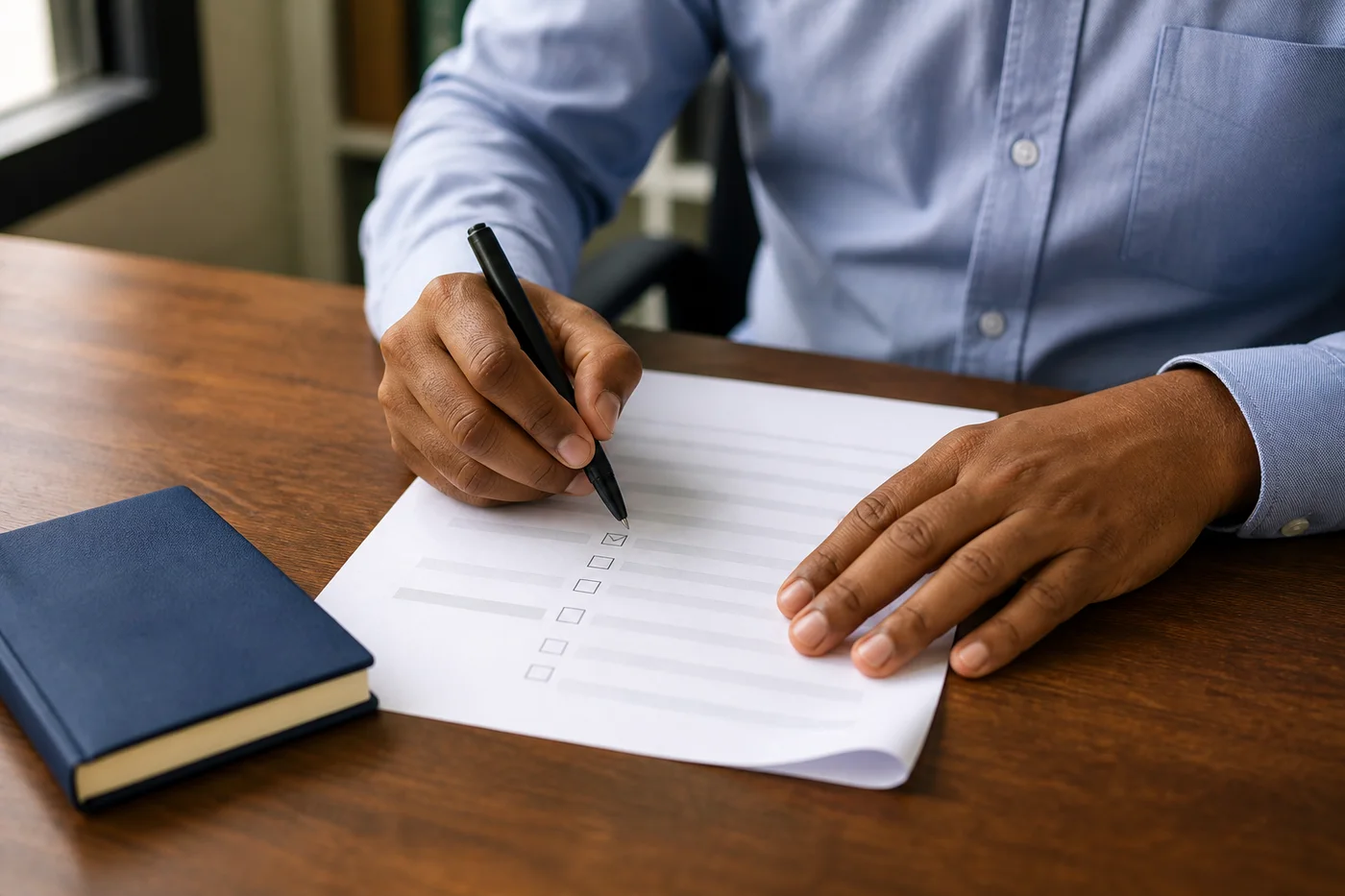 A Sri Lankan business owner carefully checking a box on a normal paper application