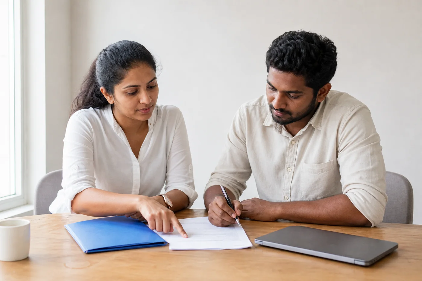 A Sri Lankan advisor and digital founder reviewing an application together at a bright office table