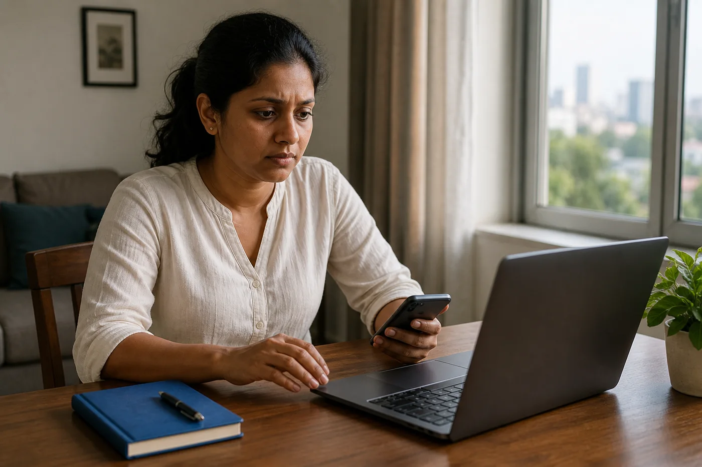 A concerned Sri Lankan freelancer checking an account warning on her laptop in a home office
