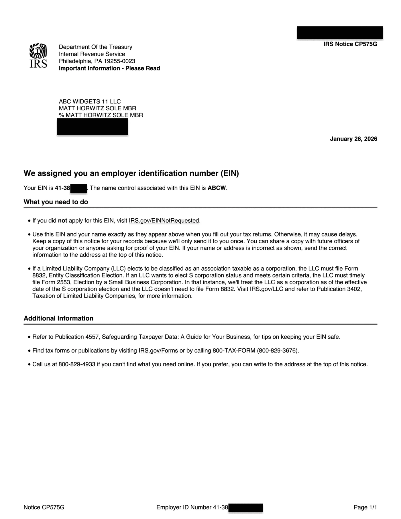Redacted real example of an IRS CP575G EIN confirmation notice