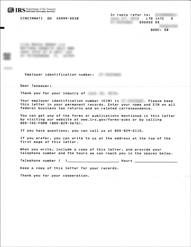 Redacted real example of an IRS Letter 147C verifying a previously assigned EIN