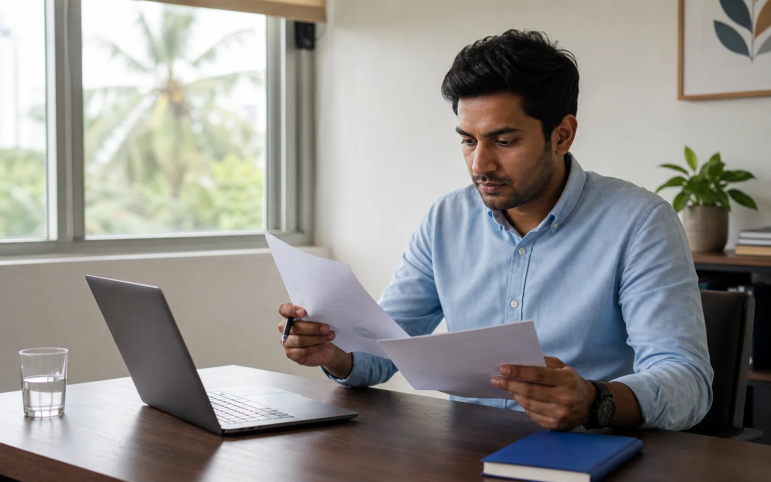 A Sri Lankan founder reviewing business documents beside his laptop in a naturally lit Colombo home office