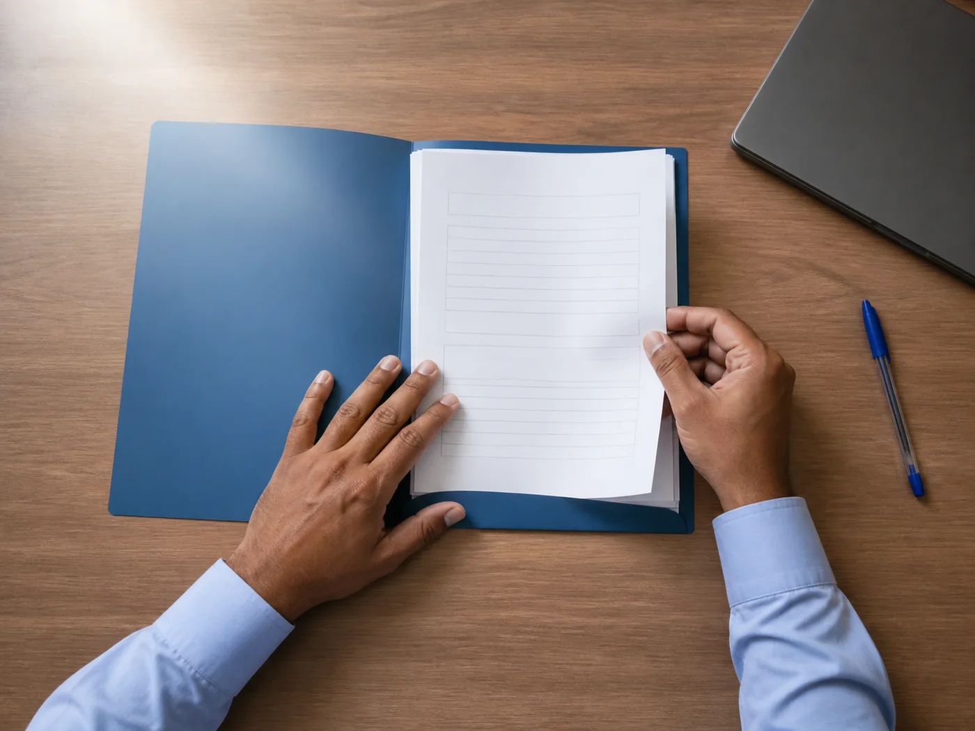 A Sri Lankan founder organising ordinary business forms inside a blue document folder