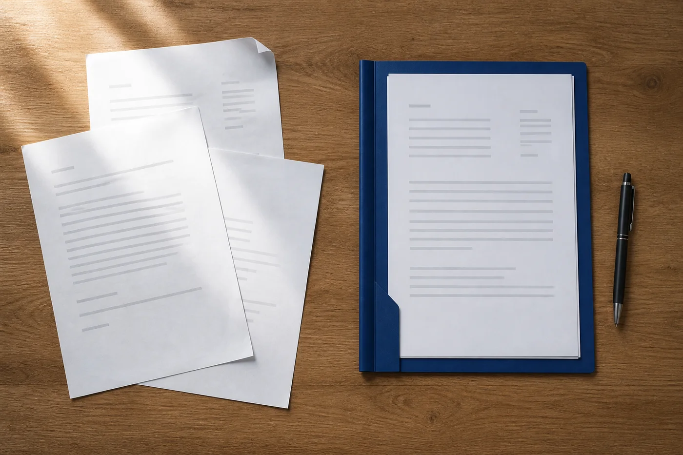 A realistic overhead comparison of scattered business records and the same records organised in one blue folder